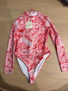 Mara Hoffman Red and White Paisley Long-Sleeve One-Piece
